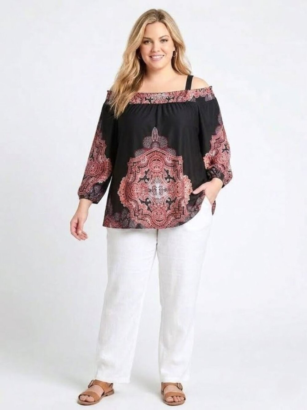 AVENUE Cold-Shoulder Boho Medallion Top. Plus Size 26/28